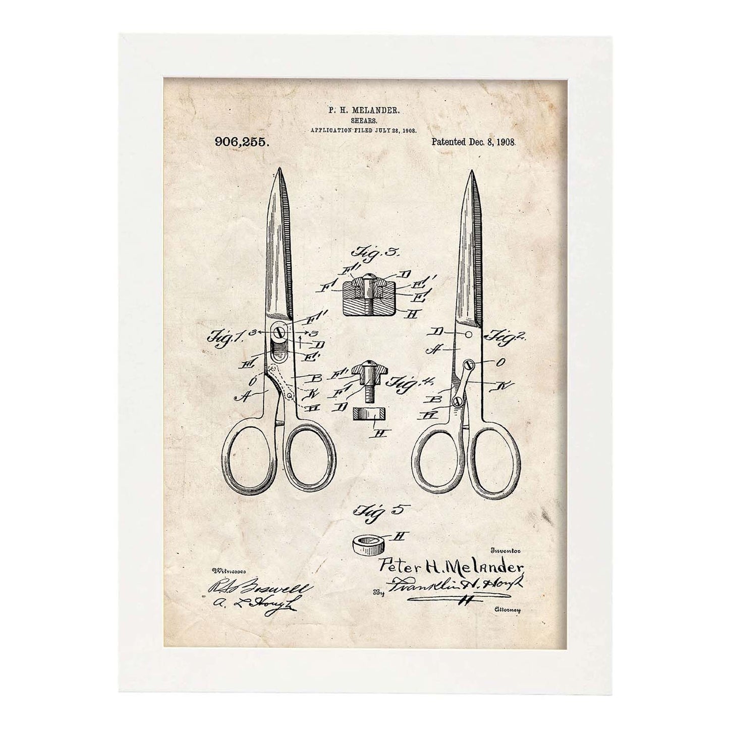 Poster de Patente de Tijeras de peluquería. Lámina para enmarcar.-Artwork-Nacnic-A3-Marco Blanco-Nacnic Estudio SL