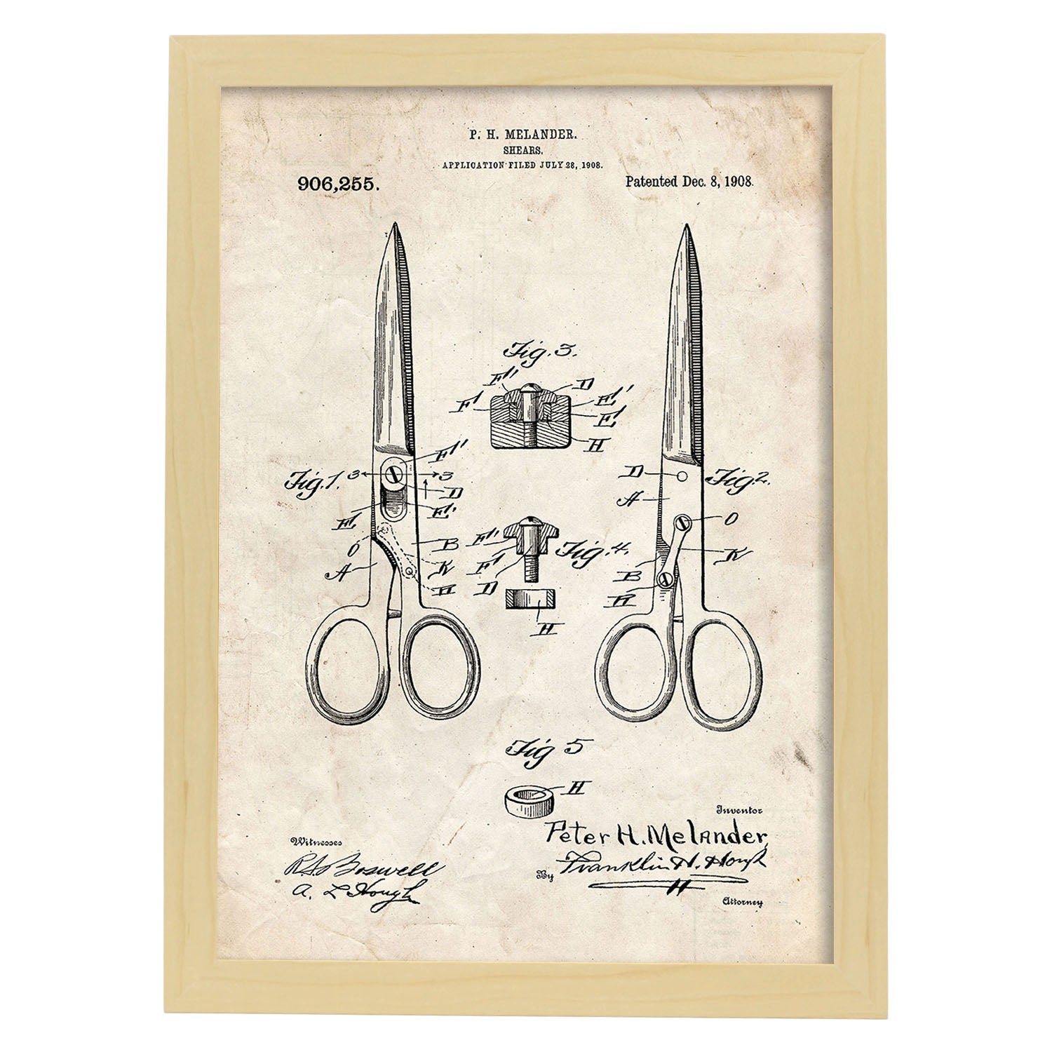 Poster de Patente de Tijeras de peluquería. Lámina para enmarcar.-Artwork-Nacnic-A3-Marco Madera clara-Nacnic Estudio SL