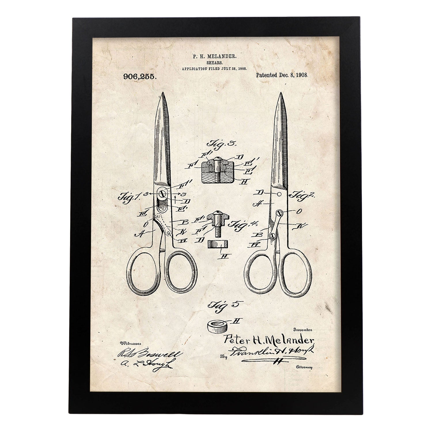 Poster de Patente de Tijeras de peluquería. Lámina para enmarcar.-Artwork-Nacnic-A3-Marco Negro-Nacnic Estudio SL