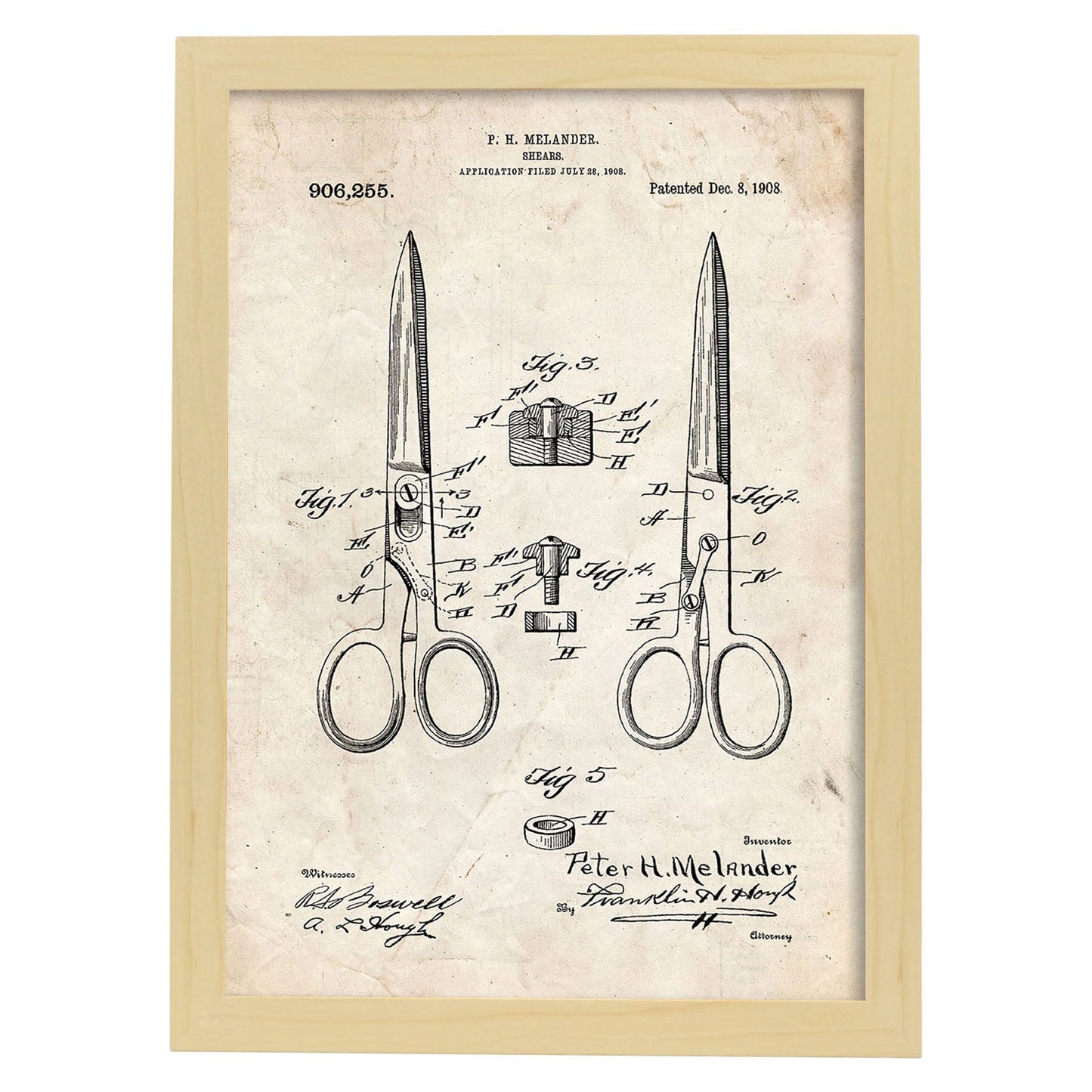 Poster de Patente de Tijeras de peluquería. Lámina para enmarcar.-Artwork-Nacnic-A4-Marco Madera clara-Nacnic Estudio SL