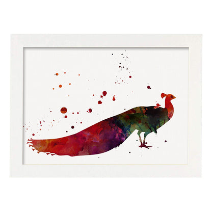 Poster de Pavo Real estilo acuarela. Láminas de animales con estilo acuarela-Artwork-Nacnic-A4-Marco Blanco-Nacnic Estudio SL
