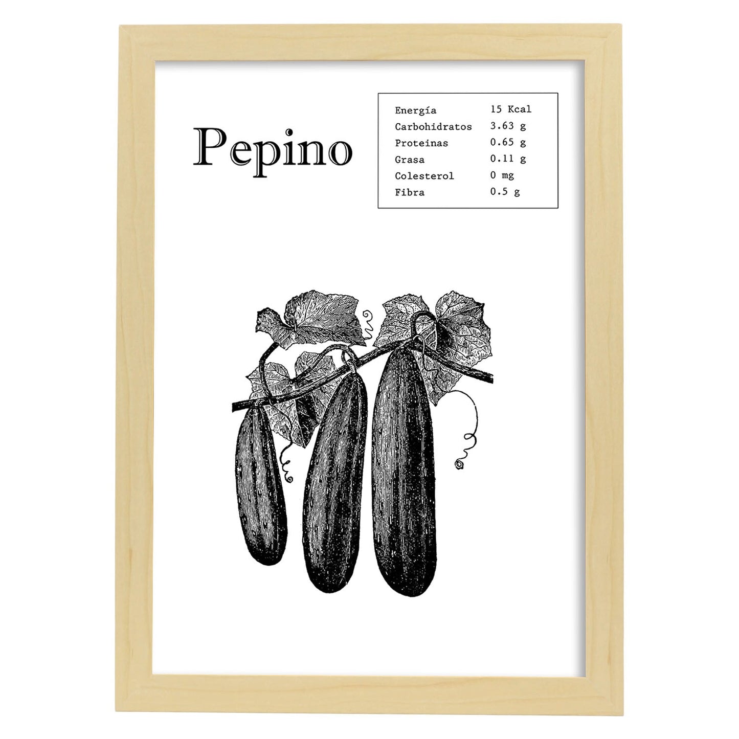 Poster de Pepino. Láminas de frutas y verduras.-Artwork-Nacnic-A4-Marco Madera clara-Nacnic Estudio SL