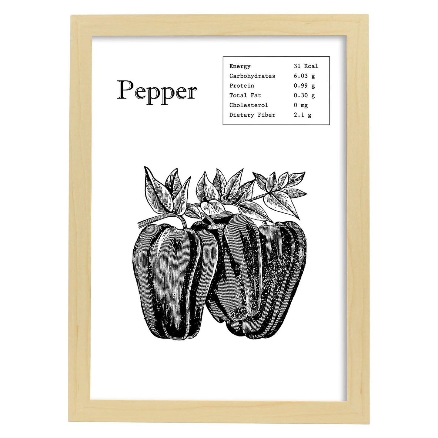 Poster de Pepper. Láminas de frutas y verduras en inglés.-Artwork-Nacnic-A3-Marco Madera clara-Nacnic Estudio SL