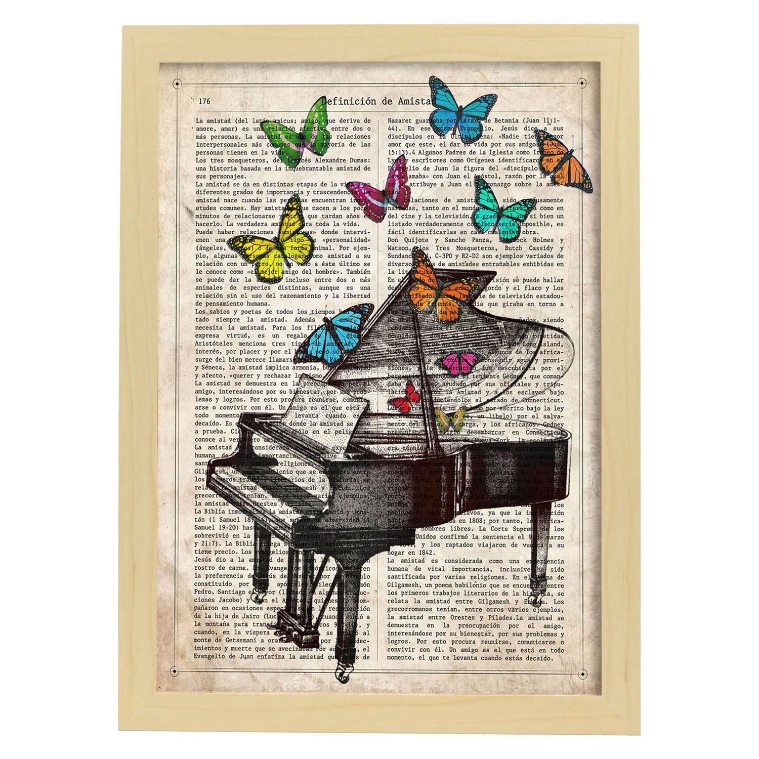 Poster de Piano con mariposas. Láminas musicales con definiciones para-Artwork-Nacnic-A3-Marco Madera clara-Nacnic Estudio SL