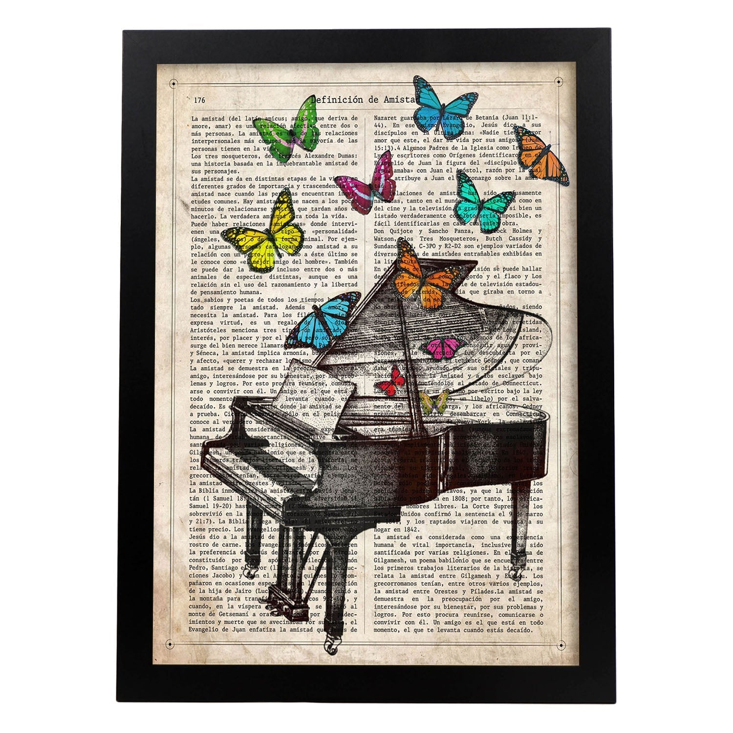 Poster de Piano con mariposas. Láminas musicales con definiciones para-Artwork-Nacnic-A3-Marco Negro-Nacnic Estudio SL