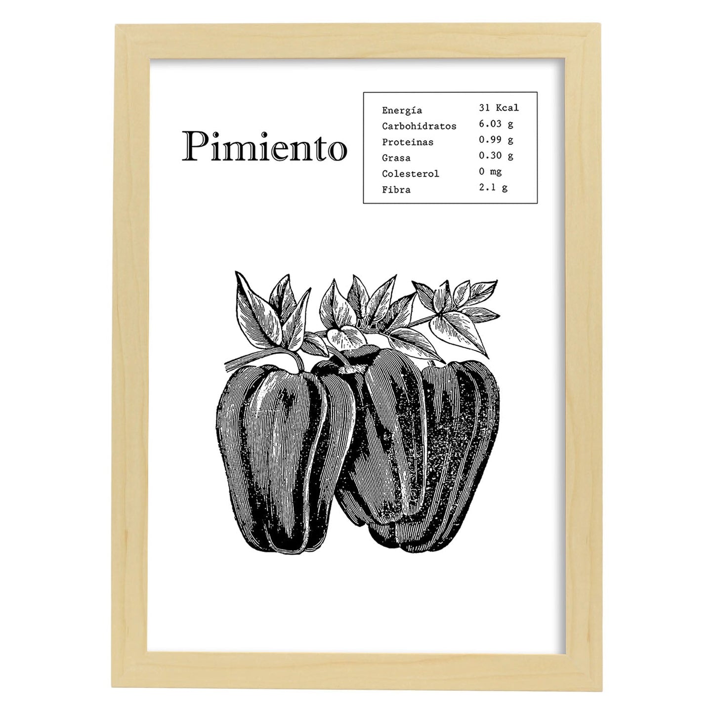 Poster de Pimiento. Láminas de frutas y verduras.-Artwork-Nacnic-A3-Marco Madera clara-Nacnic Estudio SL