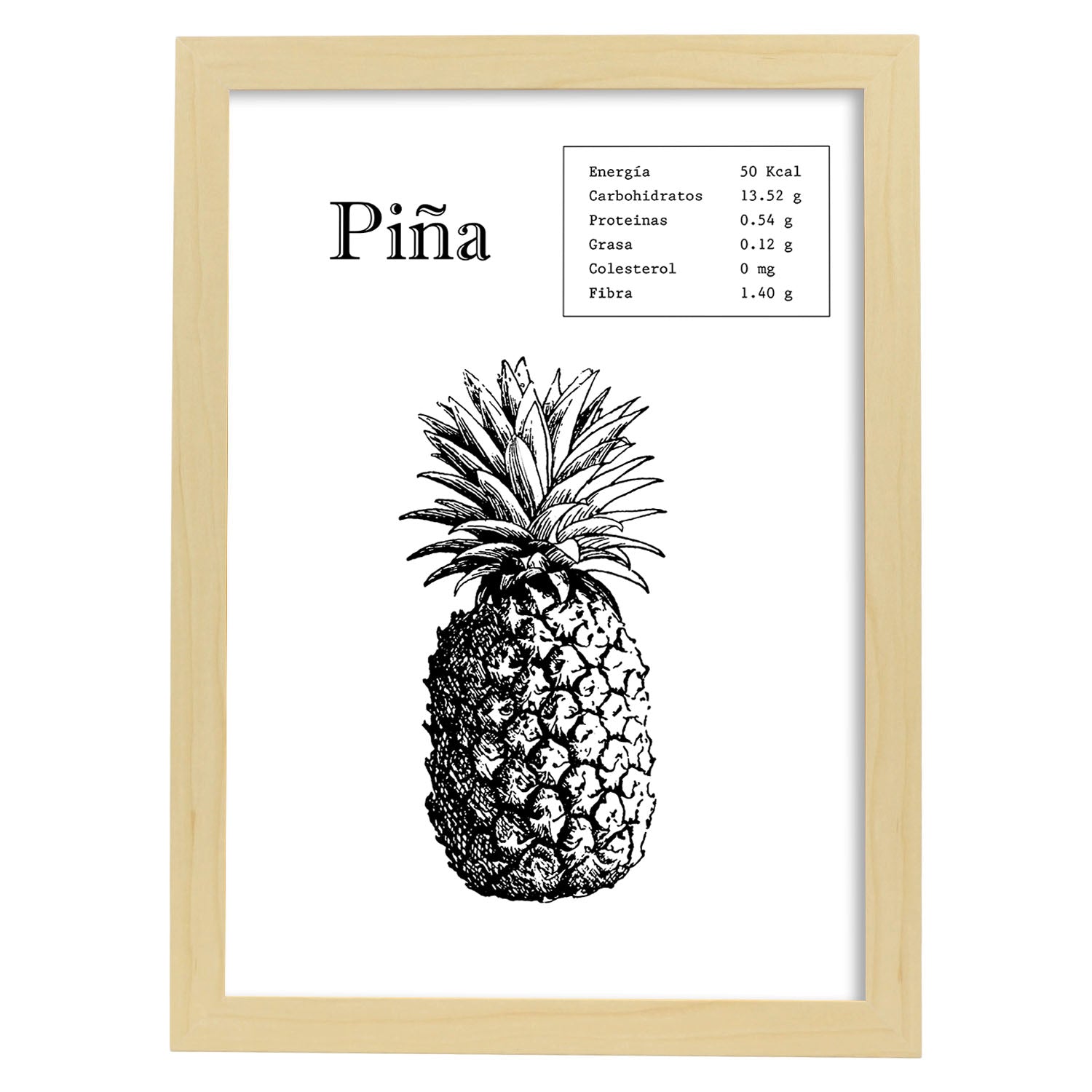 Poster de Piña. Láminas de frutas y verduras.-Artwork-Nacnic-A4-Marco Madera clara-Nacnic Estudio SL