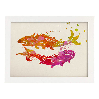 Poster de Piscis a estilo acuarela. Láminas de los símbolos del zodiaco con diseños coloridos de pintura acuarela.-Artwork-Nacnic-A4-Marco Blanco-Nacnic Estudio SL