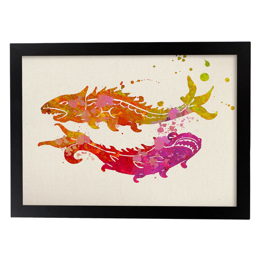 Poster de Piscis a estilo acuarela. Láminas de los símbolos del zodiaco con diseños coloridos de pintura acuarela.-Artwork-Nacnic-A4-Marco Negro-Nacnic Estudio SL