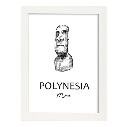 Poster de Polinesia - Moai. Láminas con monumentos de ciudades.-Artwork-Nacnic-A4-Marco Blanco-Nacnic Estudio SL
