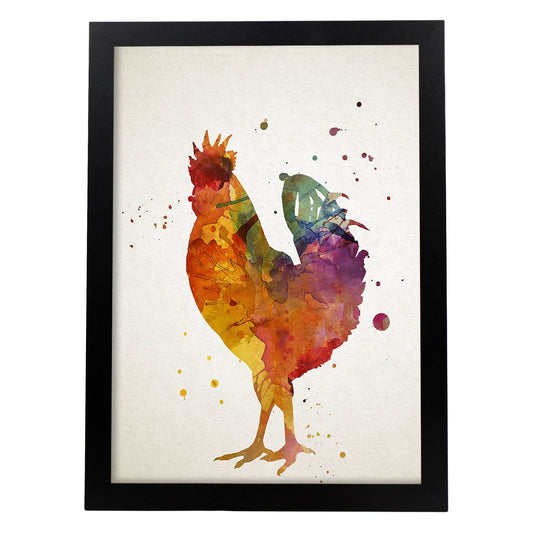 Poster de Pollo estilo acuarela. Láminas de animales con estilo acuarela-Artwork-Nacnic-A4-Marco Negro-Nacnic Estudio SL