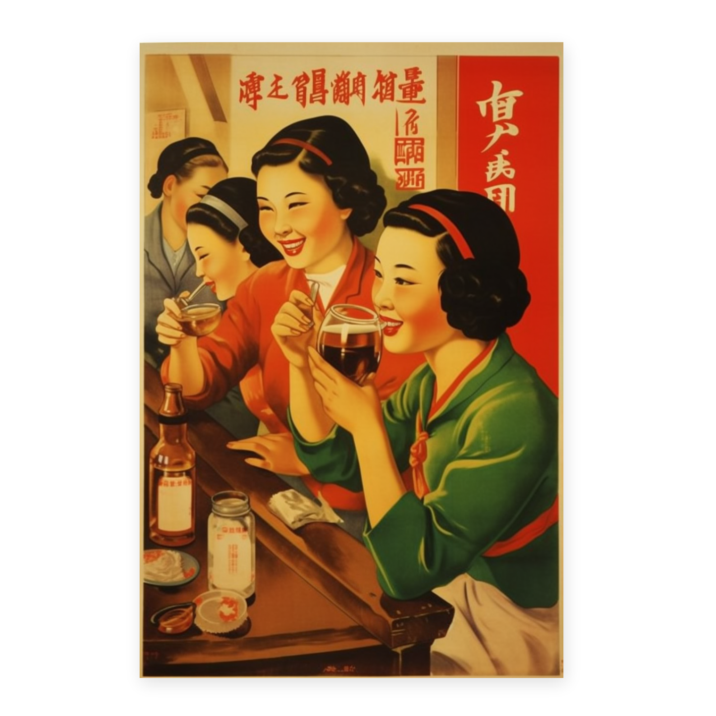 Póster de Propaganda China con Chicas en Bar