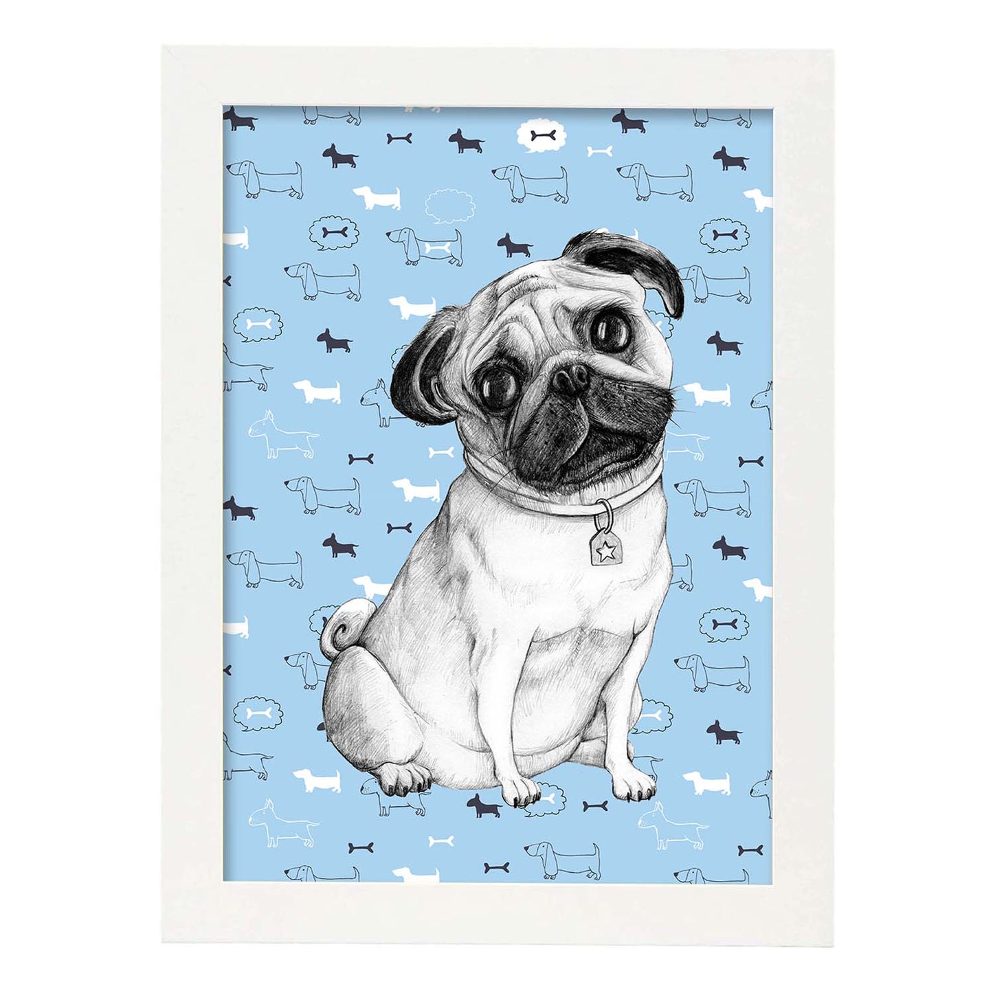 Poster de Pug azul. Lámina decorativa de perros.-Artwork-Nacnic-A3-Marco Blanco-Nacnic Estudio SL