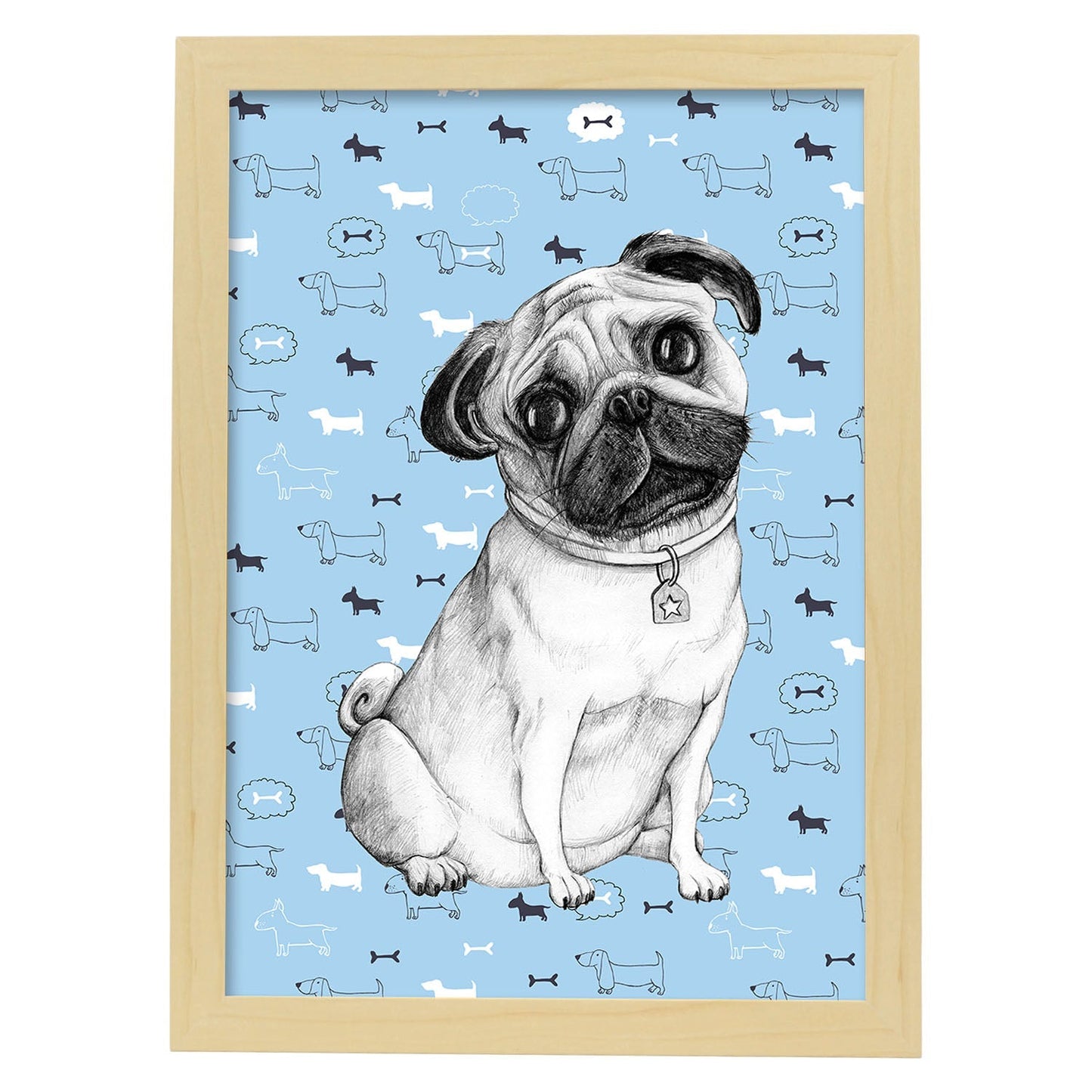 Poster de Pug azul. Lámina decorativa de perros.-Artwork-Nacnic-A3-Marco Madera clara-Nacnic Estudio SL