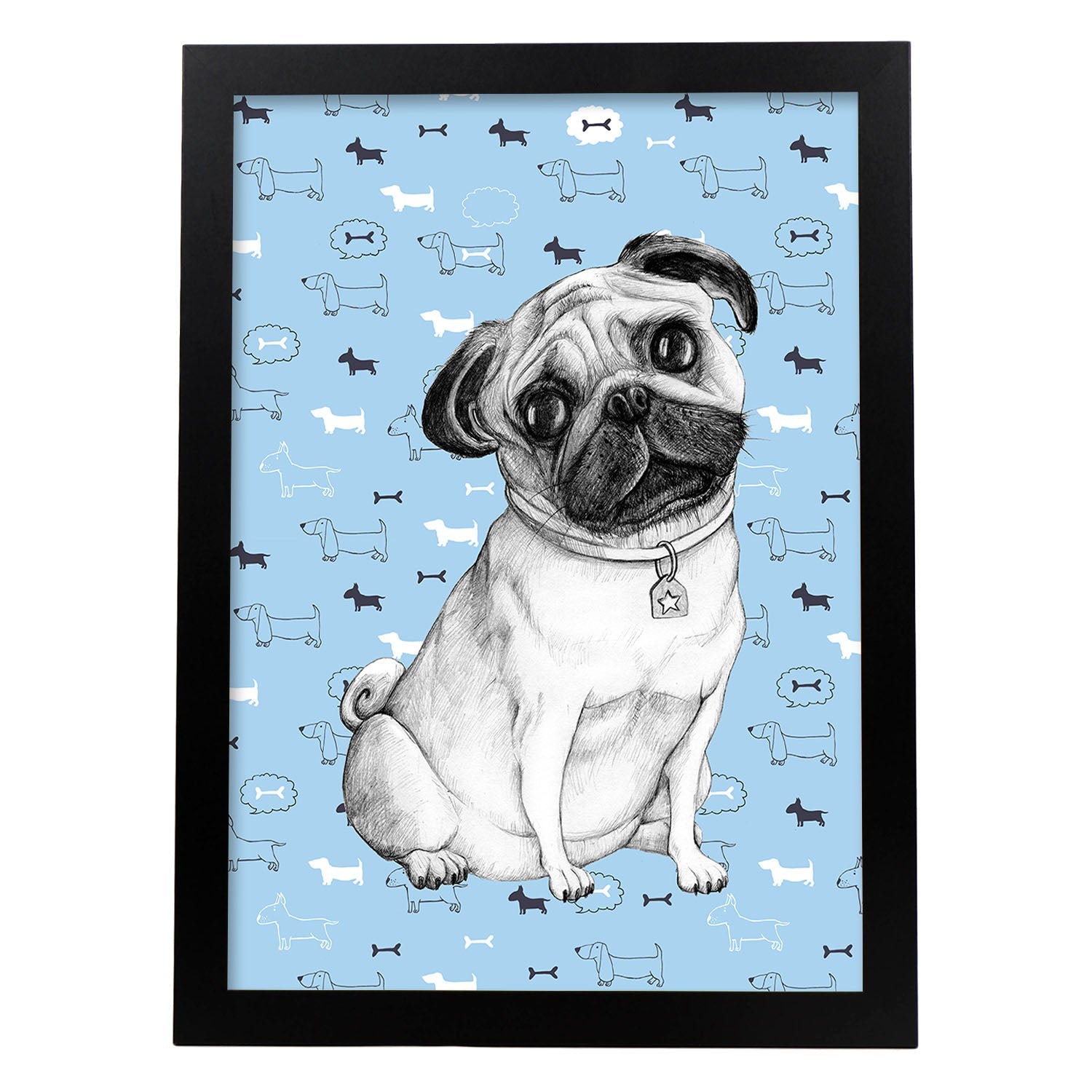 Poster de Pug azul. Lámina decorativa de perros.-Artwork-Nacnic-A3-Marco Negro-Nacnic Estudio SL