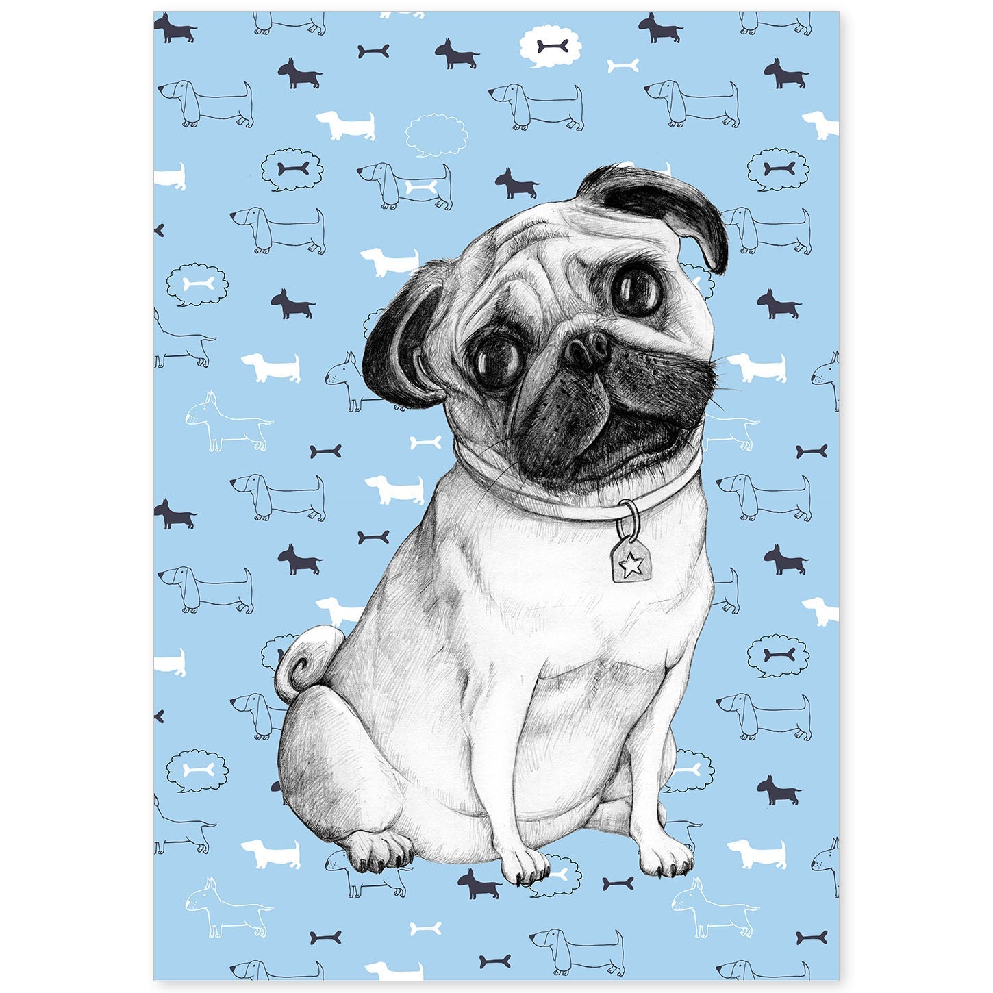 Poster de Pug azul. Lámina decorativa de perros.-Artwork-Nacnic-A4-Sin marco-Nacnic Estudio SL