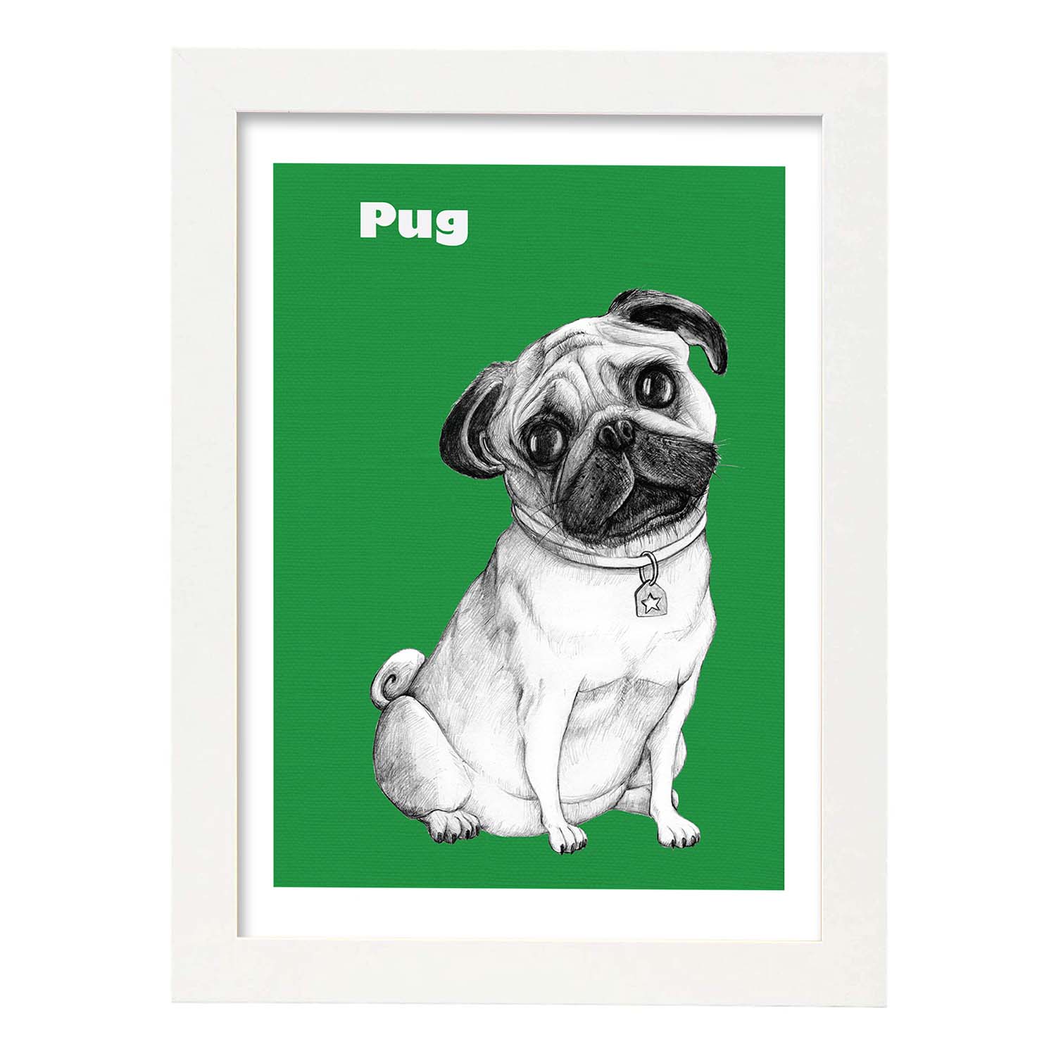 Poster de Pug verde. Lámina decorativa de perros.-Artwork-Nacnic-A3-Marco Blanco-Nacnic Estudio SL