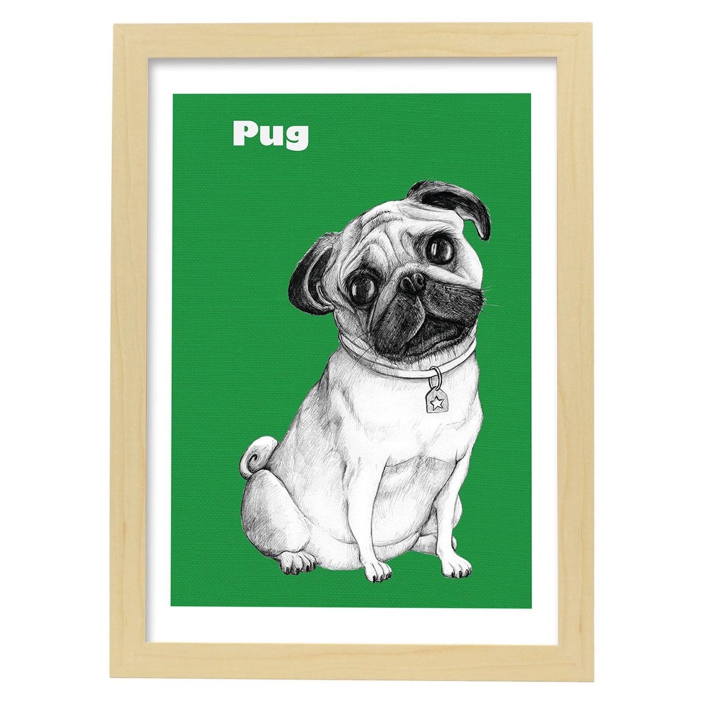 Poster de Pug verde. Lámina decorativa de perros.-Artwork-Nacnic-A3-Marco Madera clara-Nacnic Estudio SL