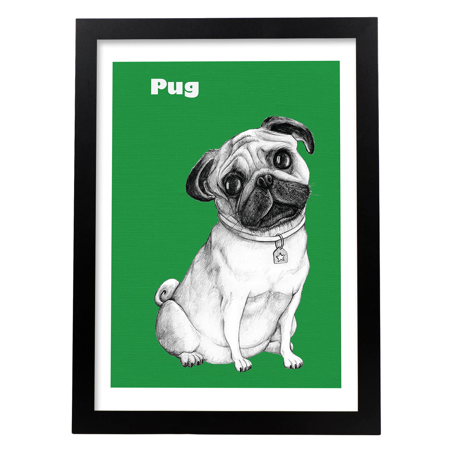 Poster de Pug verde. Lámina decorativa de perros.-Artwork-Nacnic-A3-Marco Negro-Nacnic Estudio SL