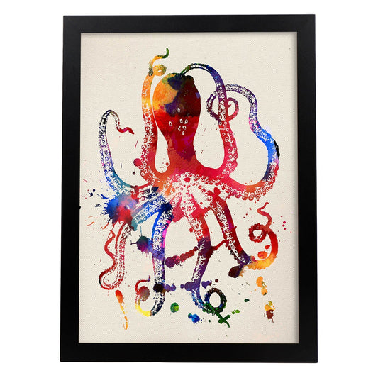 Poster de Pulpo con diseño acuarela. Mix de láminas con estilo acuarela-Artwork-Nacnic-A4-Marco Negro-Nacnic Estudio SL