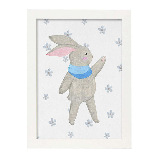 Poster de ramas con estilo de óleo. Lámina Conejito dice hola al invierno, con dibujos pintados de ramas, hojas, y flores.-Artwork-Nacnic-A4-Marco Blanco-Nacnic Estudio SL