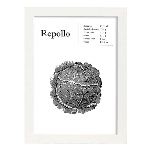 Poster de Repollo. Láminas de frutas y verduras.-Artwork-Nacnic-A4-Marco Blanco-Nacnic Estudio SL