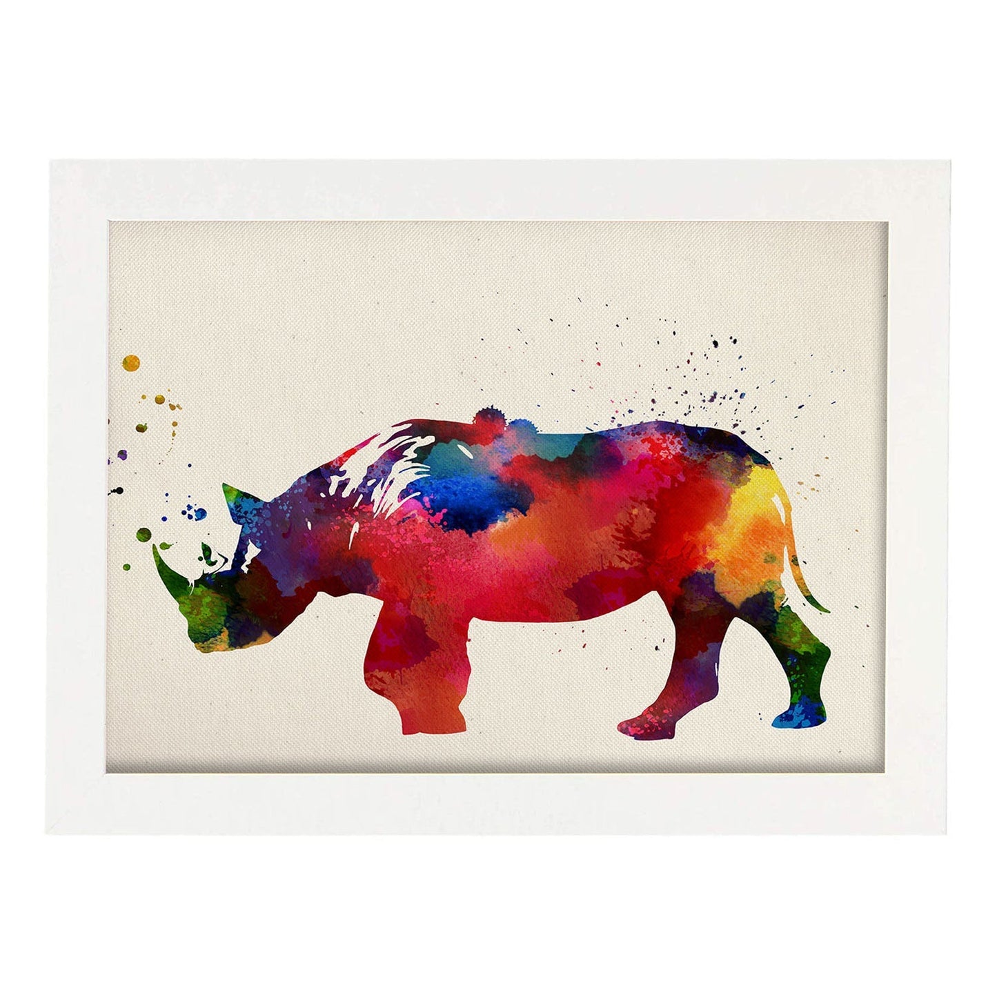 Poster de Rinoceronte con diseño acuarela. Mix de láminas con estilo acuarela-Artwork-Nacnic-A3-Marco Blanco-Nacnic Estudio SL