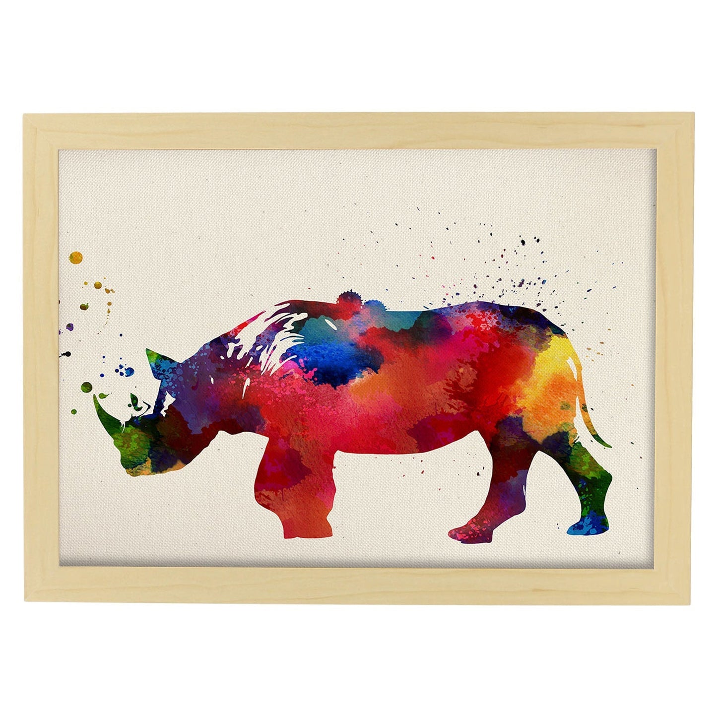 Poster de Rinoceronte con diseño acuarela. Mix de láminas con estilo acuarela-Artwork-Nacnic-A4-Marco Madera clara-Nacnic Estudio SL