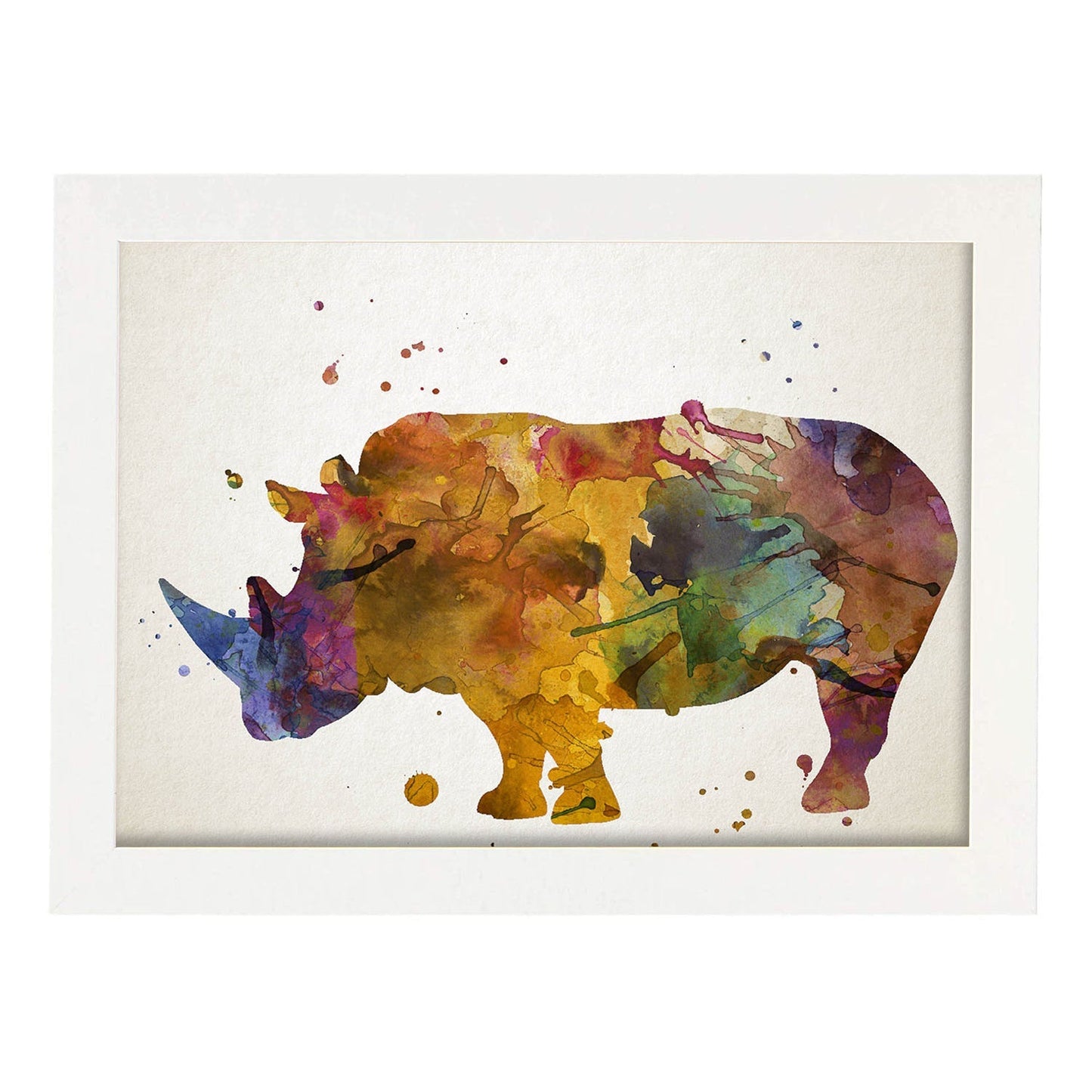 Poster de Rinoceronte estilo acuarela. Láminas de animales con estilo acuarela-Artwork-Nacnic-A3-Marco Blanco-Nacnic Estudio SL
