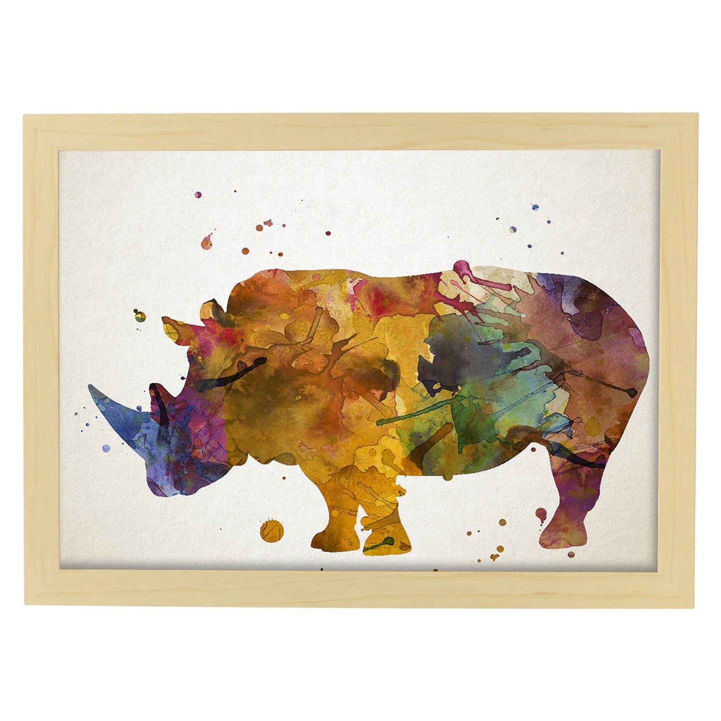 Poster de Rinoceronte estilo acuarela. Láminas de animales con estilo acuarela-Artwork-Nacnic-A3-Marco Madera clara-Nacnic Estudio SL