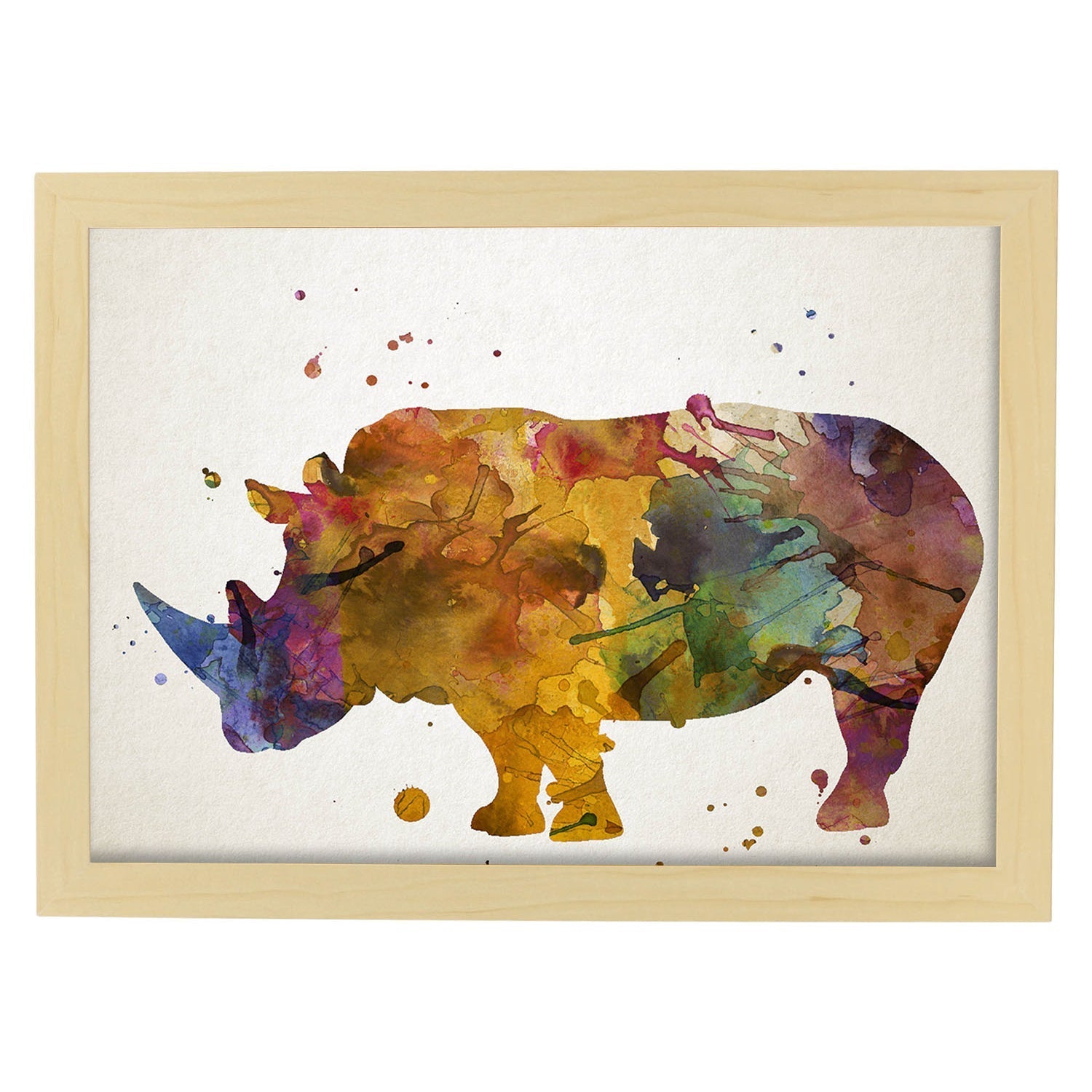 Poster de Rinoceronte estilo acuarela. Láminas de animales con estilo acuarela-Artwork-Nacnic-A4-Marco Madera clara-Nacnic Estudio SL