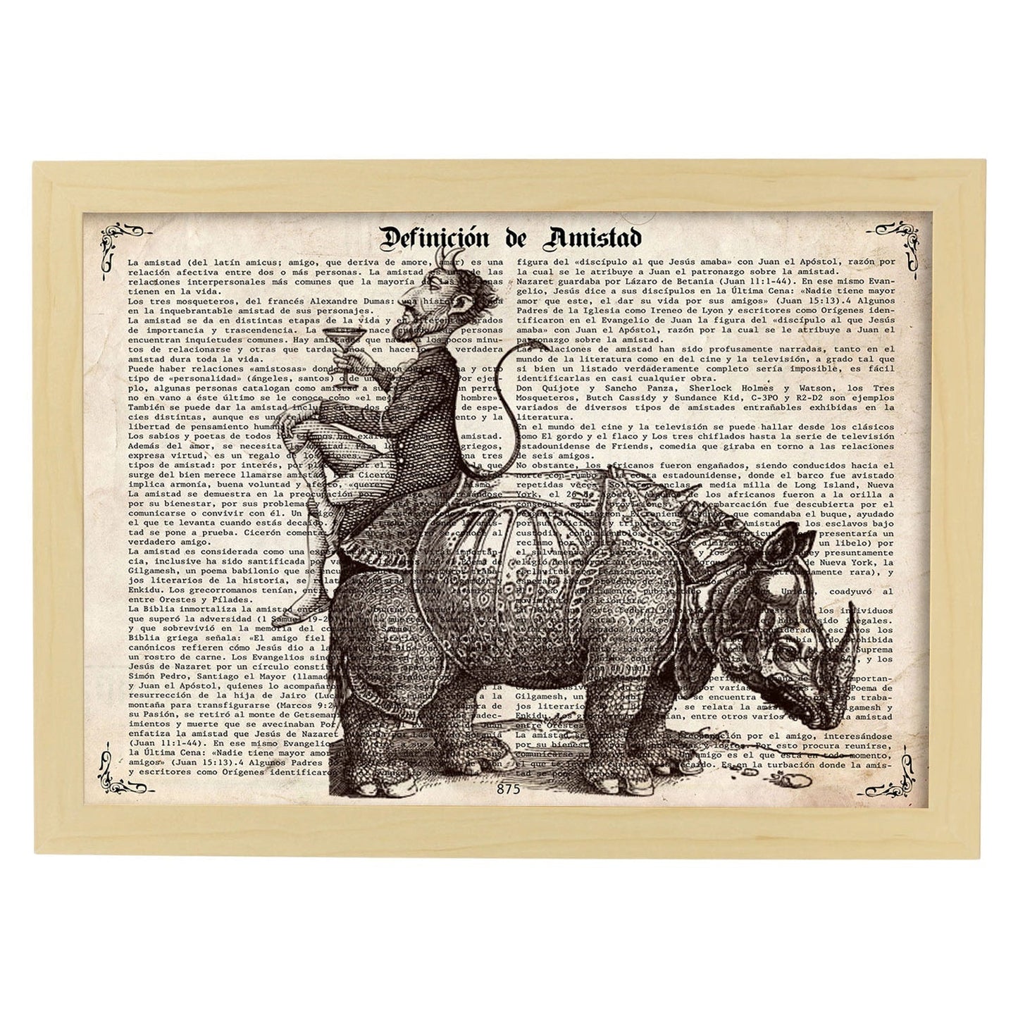 Poster de Rinoceronte y diablo. Láminas de animales con definiciones. Ilustraciones de animales con textos.-Artwork-Nacnic-A3-Marco Madera clara-Nacnic Estudio SL