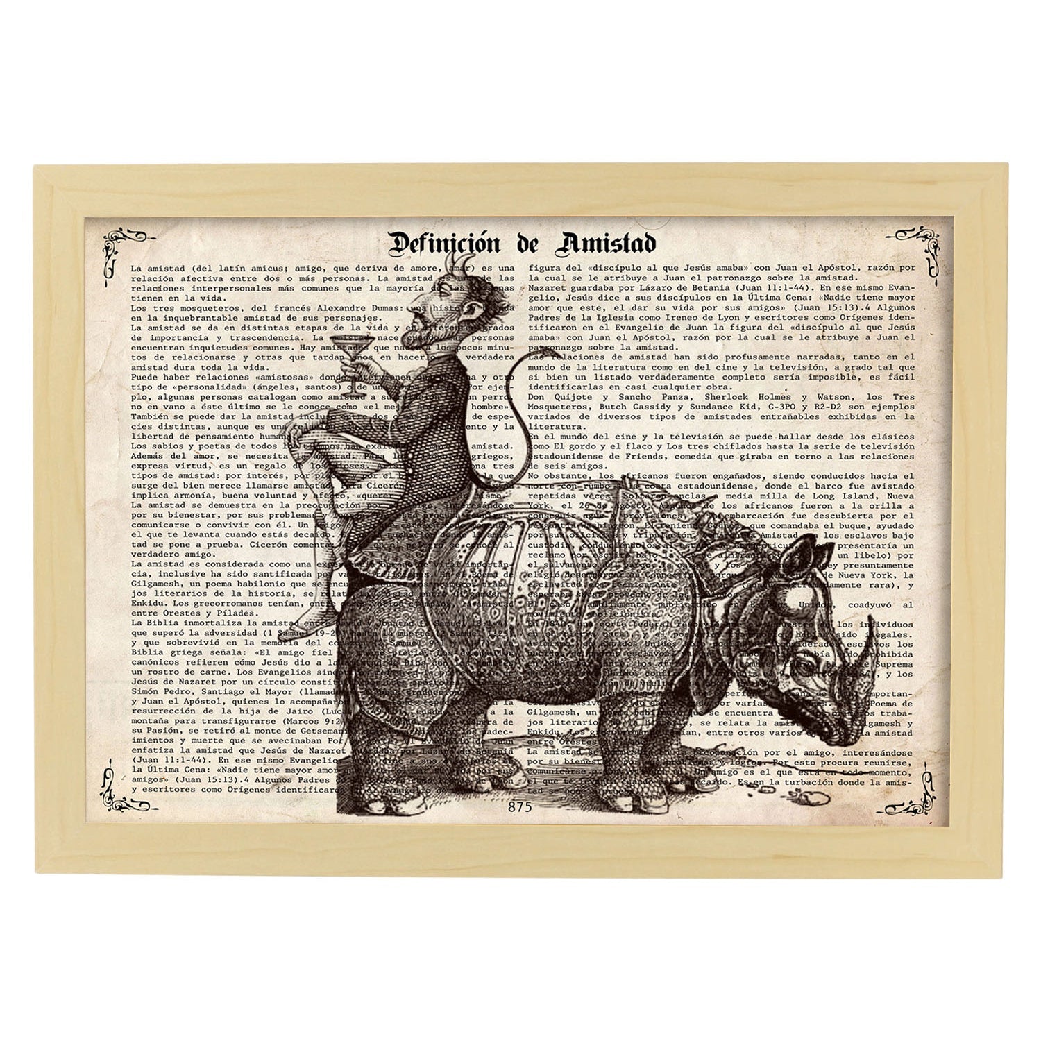 Poster de Rinoceronte y diablo. Láminas de animales con definiciones. Ilustraciones de animales con textos.-Artwork-Nacnic-A4-Marco Madera clara-Nacnic Estudio SL