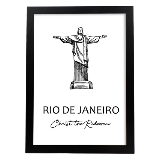 Poster de Rio de Janeiro - Cristo redentor. Láminas con monumentos de ciudades.-Artwork-Nacnic-A4-Marco Negro-Nacnic Estudio SL