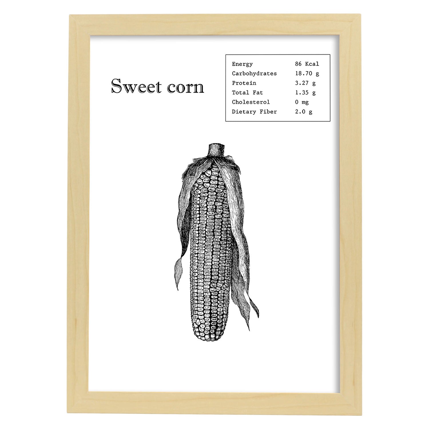 Poster de Sweet corn. Láminas de frutas y verduras en inglés.-Artwork-Nacnic-A4-Marco Madera clara-Nacnic Estudio SL