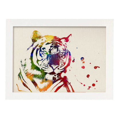 Poster de Tigre con diseño acuarela. Mix de láminas con estilo acuarela-Artwork-Nacnic-A4-Marco Blanco-Nacnic Estudio SL