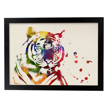 Poster de Tigre con diseño acuarela. Mix de láminas con estilo acuarela-Artwork-Nacnic-A4-Marco Negro-Nacnic Estudio SL