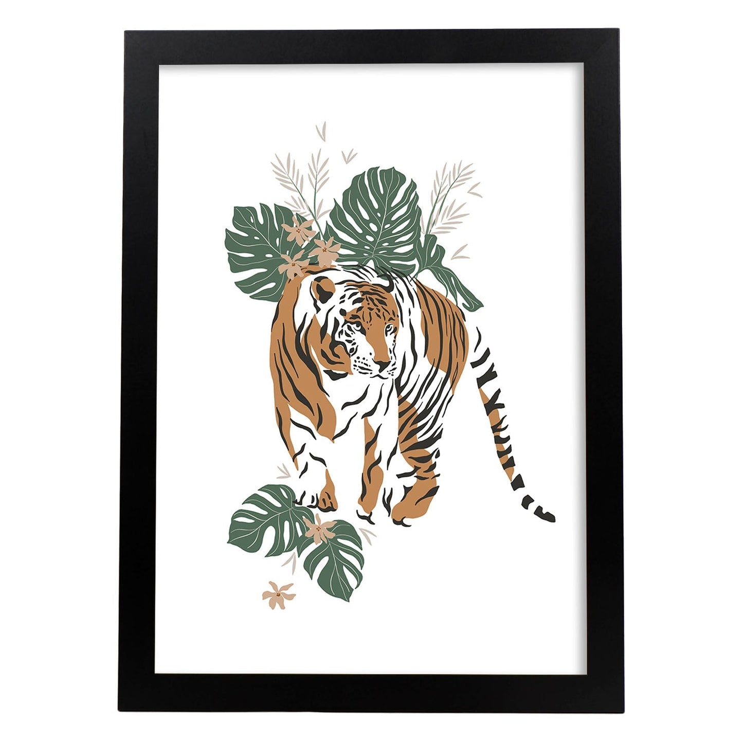 Poster de Tigre. Lámina de animal de la jungla con flores y vegetación.-Artwork-Nacnic-A3-Marco Negro-Nacnic Estudio SL
