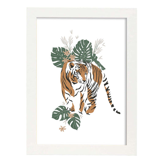 Poster de Tigre. Lámina de animal de la jungla con flores y vegetación.-Artwork-Nacnic-A4-Marco Blanco-Nacnic Estudio SL