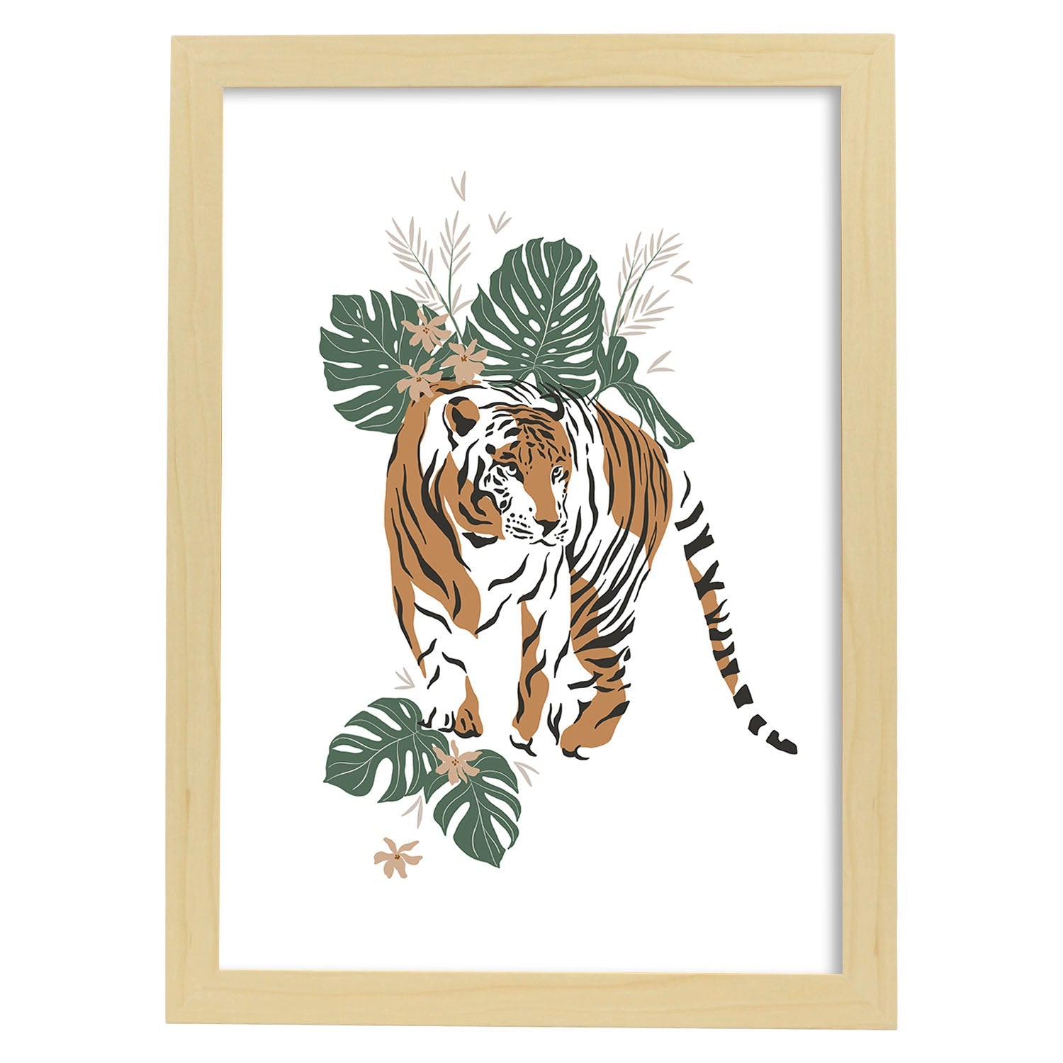Poster de Tigre. Lámina de animal de la jungla con flores y vegetación.-Artwork-Nacnic-A4-Marco Madera clara-Nacnic Estudio SL