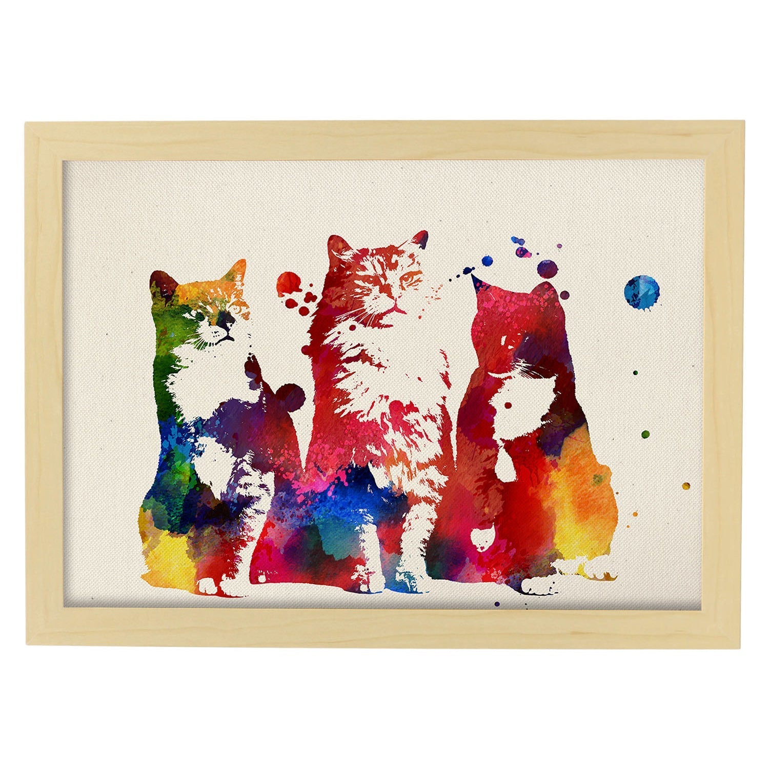 Poster de Tres gatos amigos con diseño acuarela. Mix de láminas con estilo acuarela-Artwork-Nacnic-A3-Marco Madera clara-Nacnic Estudio SL