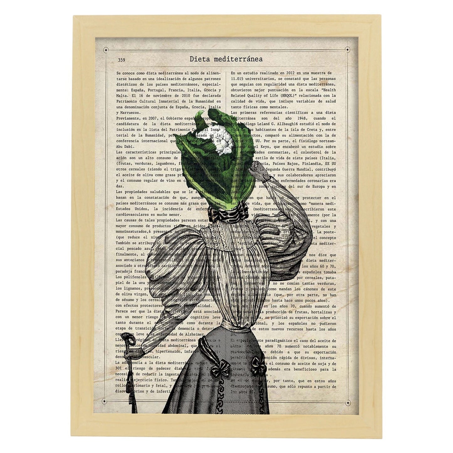 Poster de verduras humanas. Lámina Miss Coliflor. Cuadros de humanos con cabezas de verdura.-Artwork-Nacnic-A3-Marco Madera clara-Nacnic Estudio SL