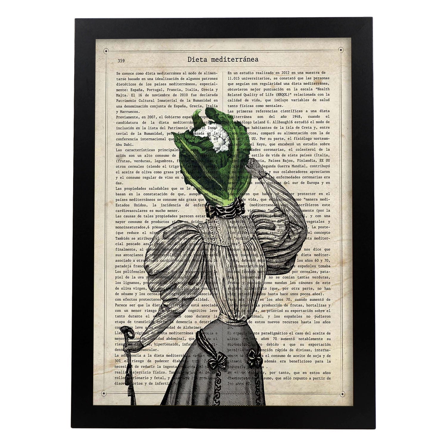 Poster de verduras humanas. Lámina Miss Coliflor. Cuadros de humanos con cabezas de verdura.-Artwork-Nacnic-A3-Marco Negro-Nacnic Estudio SL