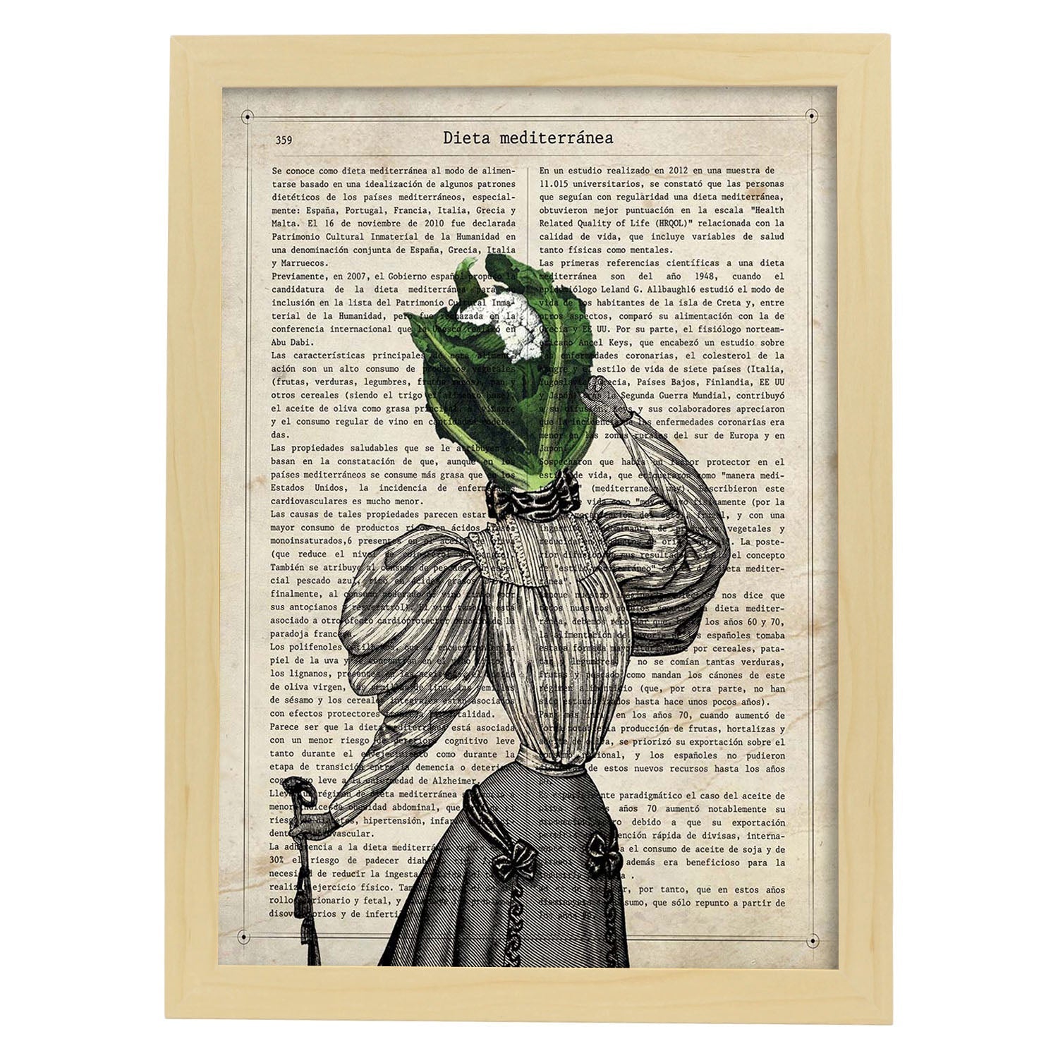 Poster de verduras humanas. Lámina Miss Coliflor. Cuadros de humanos con cabezas de verdura.-Artwork-Nacnic-A4-Marco Madera clara-Nacnic Estudio SL
