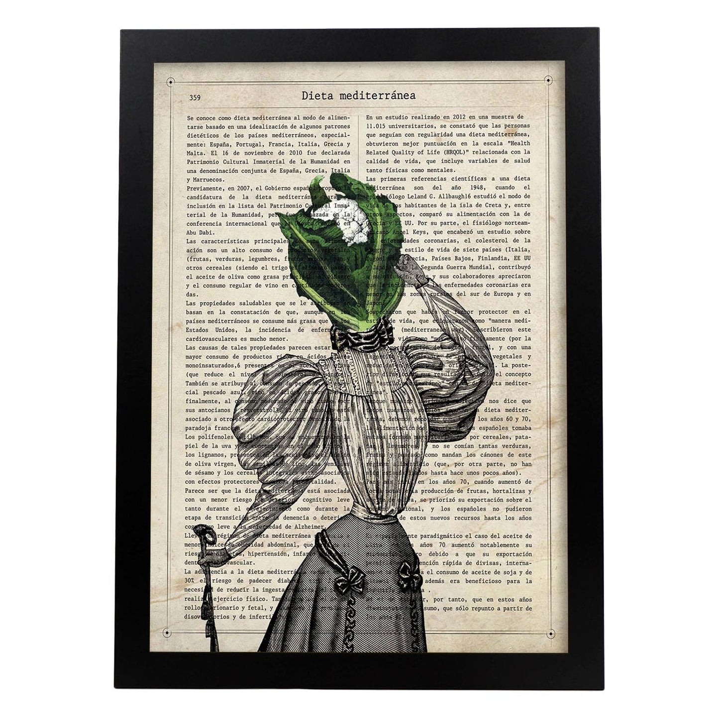 Poster de verduras humanas. Lámina Miss Coliflor. Cuadros de humanos con cabezas de verdura.-Artwork-Nacnic-A4-Marco Negro-Nacnic Estudio SL