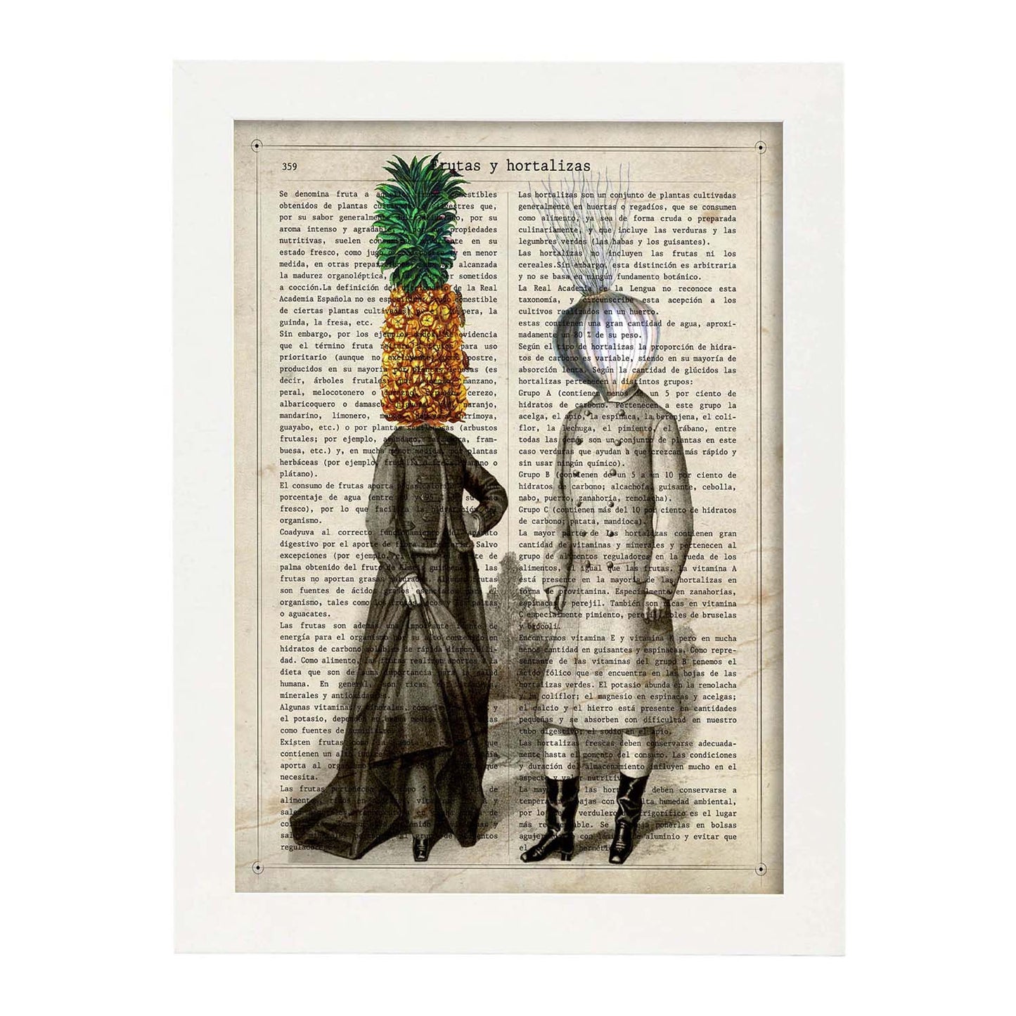 Poster de verduras humanas. Lámina Miss Piña & Mr. Ajo. Cuadros de humanos con cabezas de verdura.-Artwork-Nacnic-A3-Marco Blanco-Nacnic Estudio SL