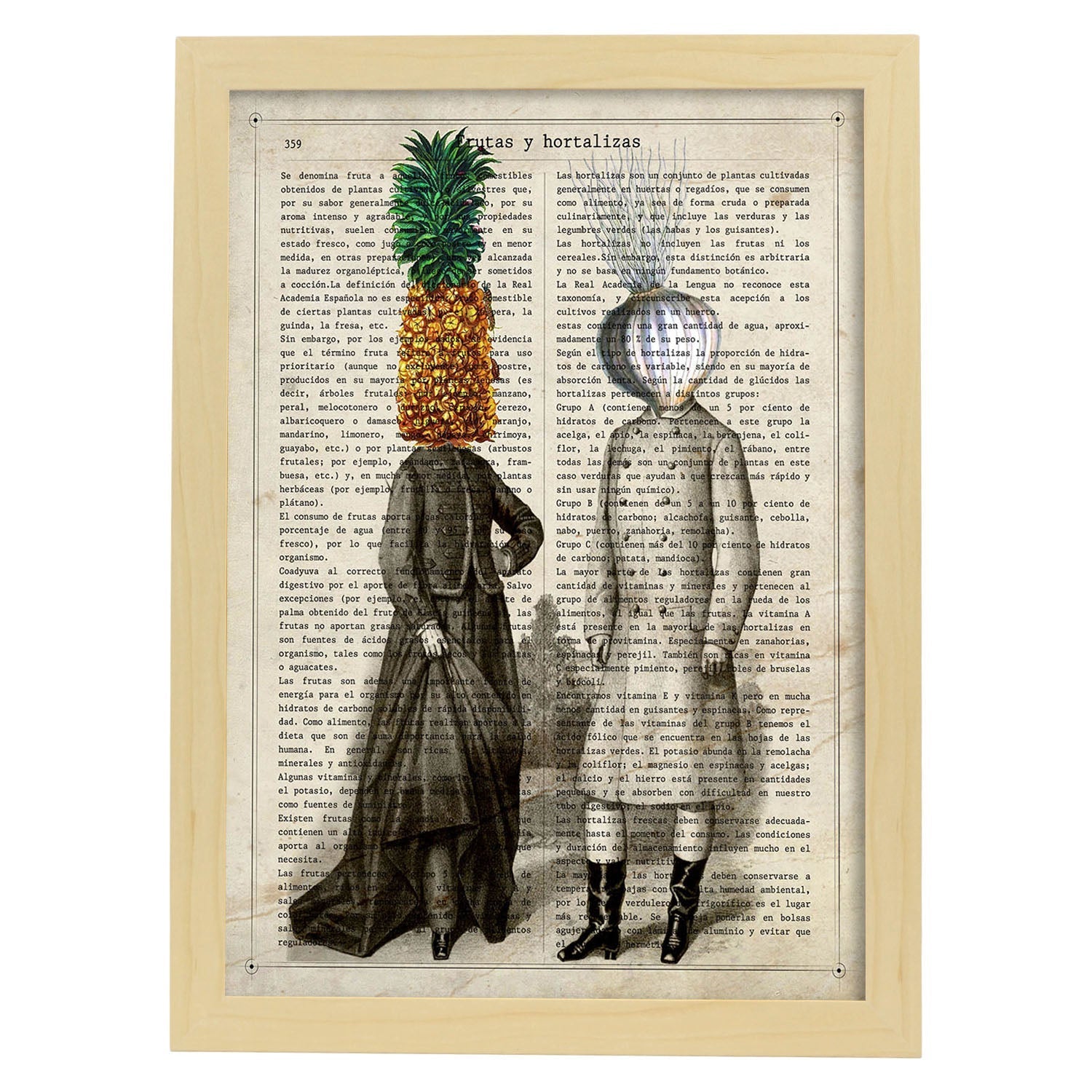 Poster de verduras humanas. Lámina Miss Piña & Mr. Ajo. Cuadros de humanos con cabezas de verdura.-Artwork-Nacnic-A3-Marco Madera clara-Nacnic Estudio SL