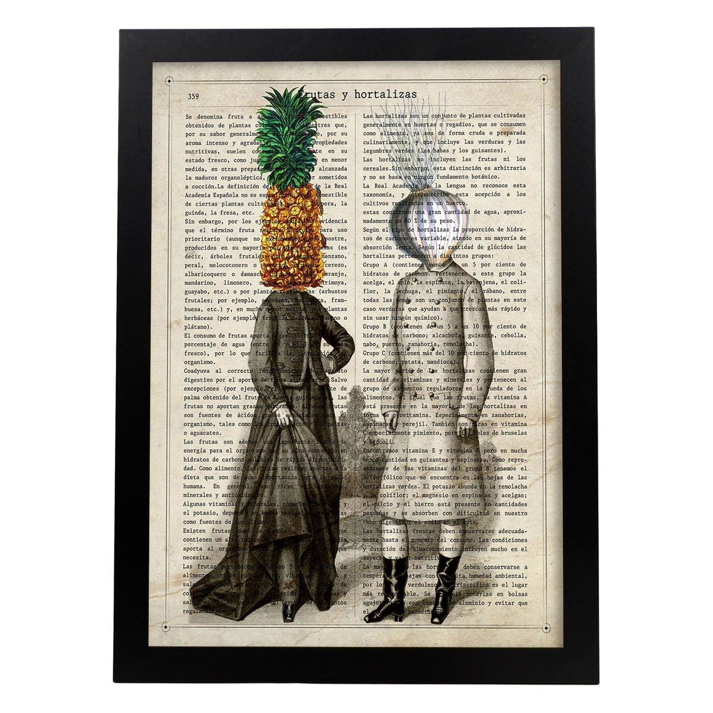 Poster de verduras humanas. Lámina Miss Piña & Mr. Ajo. Cuadros de humanos con cabezas de verdura.-Artwork-Nacnic-A3-Marco Negro-Nacnic Estudio SL