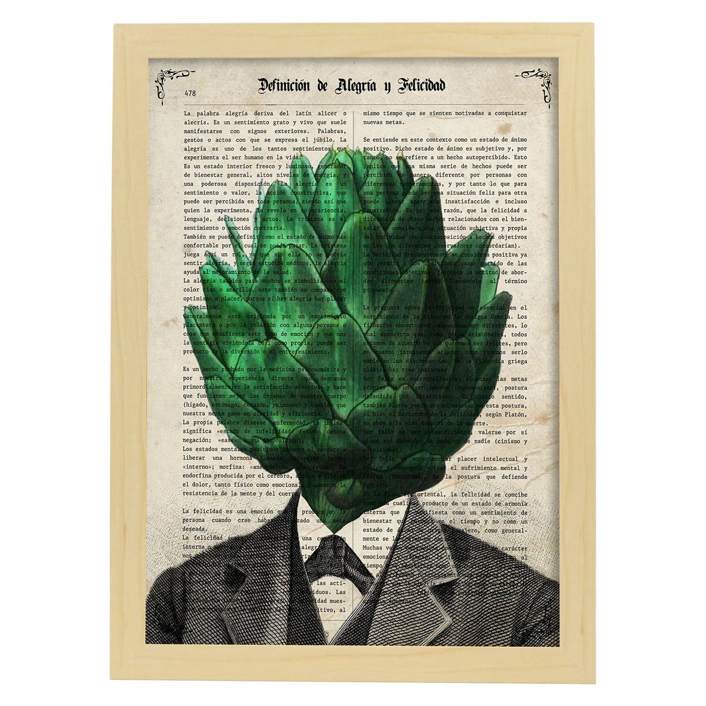 Poster de verduras humanas. Lámina Mr. Alcachofa. Cuadros de humanos con cabezas de verdura.-Artwork-Nacnic-A3-Marco Madera clara-Nacnic Estudio SL