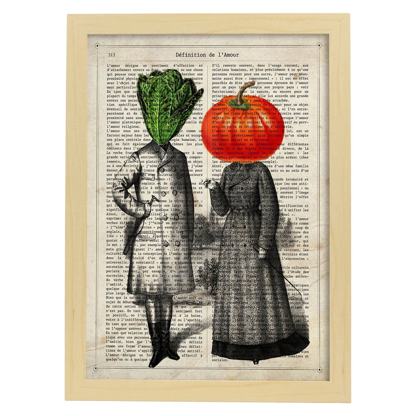 Poster de verduras humanas. Lámina Mr. Lechuga & miss Tomate. Cuadros de humanos con cabezas de verdura.-Artwork-Nacnic-A4-Marco Madera clara-Nacnic Estudio SL